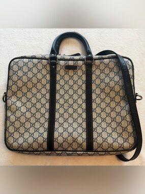 Gucci GG Supreme Briefcase Laptop Bag Navy Leather Trim Vintage w Strap